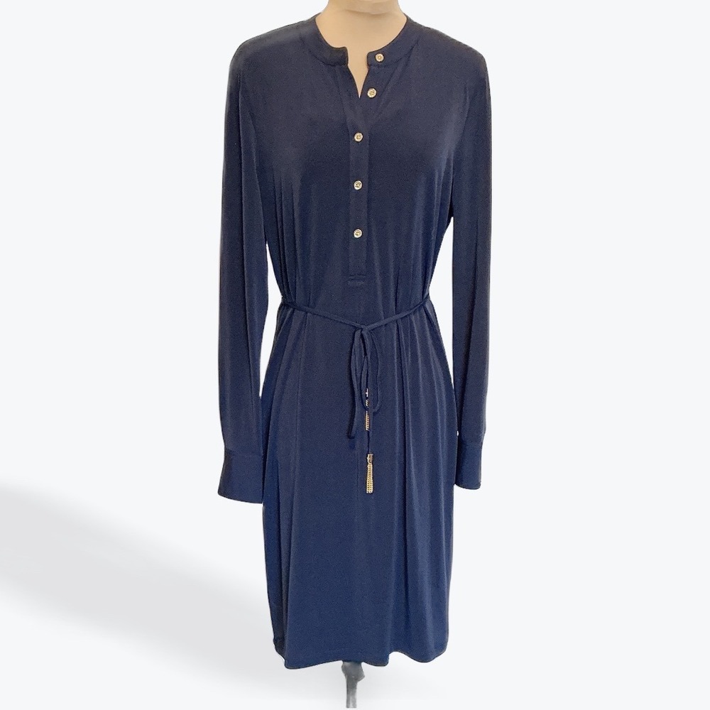 Calvin Klein Navy Long Sleeve Button Front Midi Dress